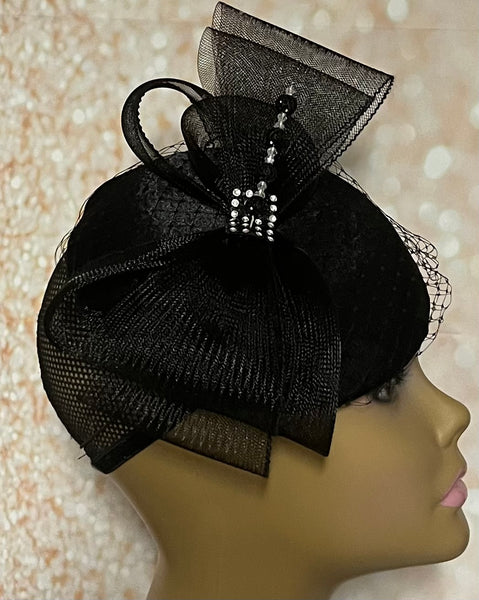 Black Satin Fascinator Half Hat for Church Head Covering, Tea Party, Wedding and Other Special Occasions