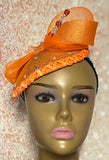 Orange Sinamay Teardrop Half Hat Fascinator for Church Head Covering, Wedding, Tea Party, Mother of the Bride, and Other Special Occasions