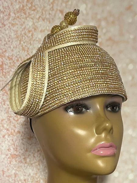 Gold Rhinestone Bling Fascinator Half Hat for Church, Tea Parties, Weddings and other special occasions