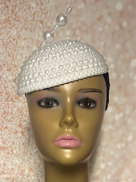 White Beaded Pearl Button Half Hat Fascinator for weddings, church and special occasions, Gift for Mom, Sister, Wife, Her
