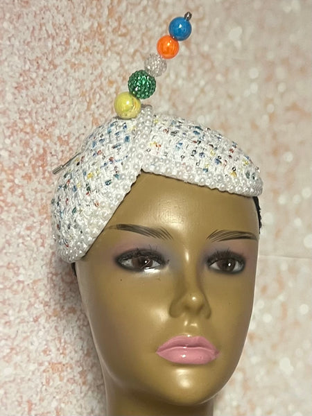 Multicolor double cup fascinator, Yellow, Blue, Green, Orange and Off white fascinator, Handmade Church Headwear and Special Occasions