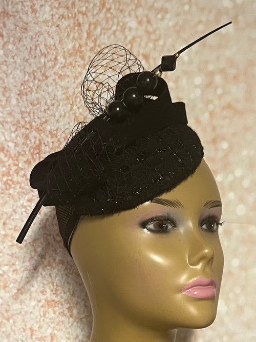 Black Tweed and Felt Fascinator Half Hat for Church Head Covering, Tea Party, Wedding and Other Special Occasions