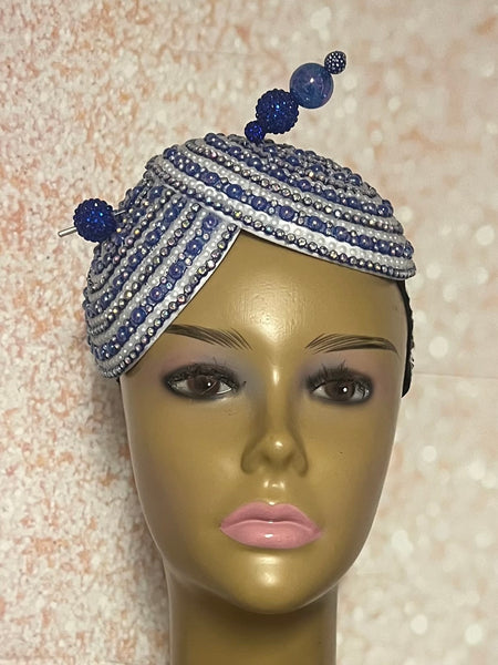 Blue and White Double Cup Beaded Rhinestone Fascinator for Church, Tea Parties, Weddings and Special Occasions