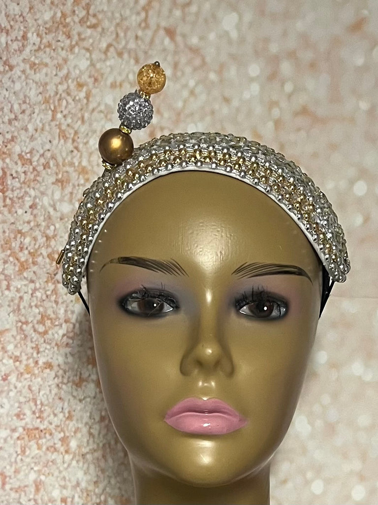 Gold and Silver Beaded Headband-Shaped Fascinator Half Hat for Church, Tea Parties, Weddings and other special occasions