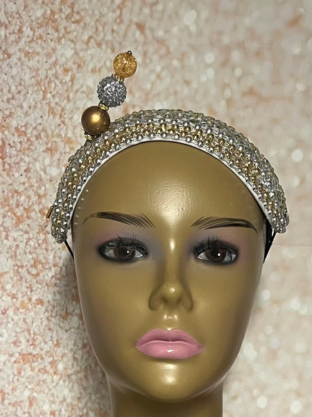 Gold and Silver Beaded Headband-Shaped Fascinator Half Hat for Church, Tea Parties, Weddings and other special occasions