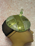 Green Rhinestone Button Pillbox Fascinator Half Hat, Church Head Covering, Headwear, Tea Parties, Weddings and other Special Occasions