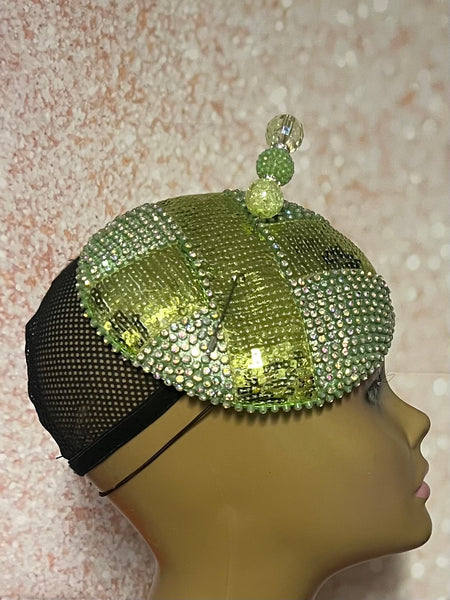 Green Rhinestone Button Pillbox Fascinator Half Hat, Church Head Covering, Headwear, Tea Parties, Weddings and other Special Occasions