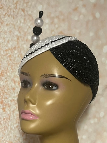 Black and white Beaded Half Hat Fascinator for weddings, church and special occasions, Gift for Mom, Sister, Wife, Her