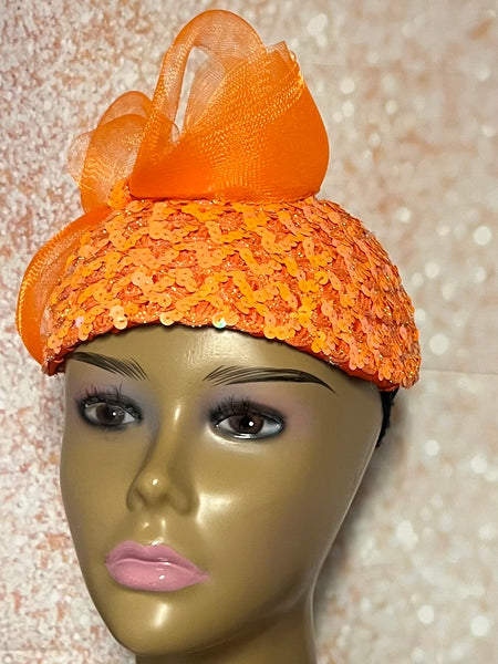 Orange Sequin Half Hat Fascinator for Church Head Covering, Wedding, Tea Party, Mother of the Bride, and Other Special Occasions