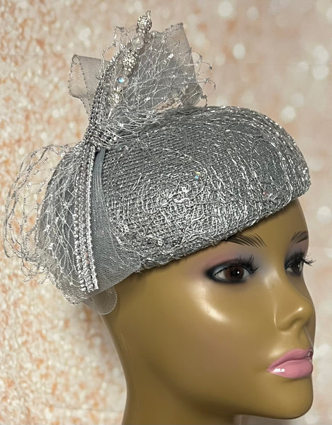 Silver/Gray Rhinestone Crystal Bling Fascinator Hat for Church, Weddings, Tea Parties, and Other Special Occasions