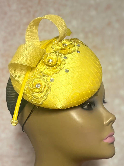 Yellow Satin Fascinator Half Hat, Church Head Covering, Headwear, Tea Parties, Weddings and other Special Occasions