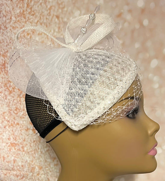 White Sinamay Teardrop Fascinator Half Hat for Church, Weddings and other special occasions