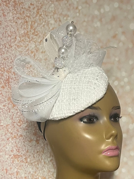 White Lace Full Hat Fascinator for weddings, church, tea parties and special occasions