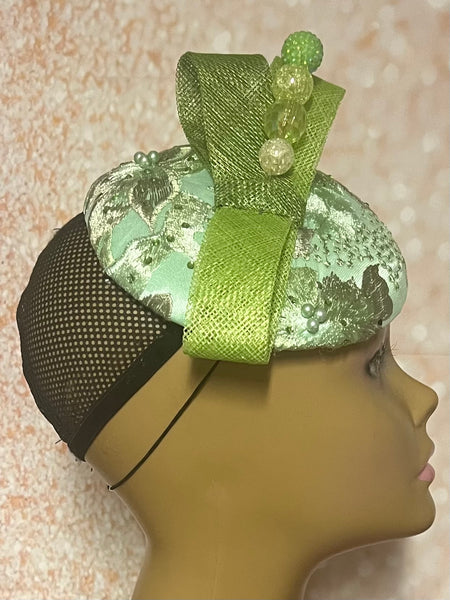 Green Lace Button Pillbox Fascinator Half Hat, Church Head Covering, Headwear, Tea Parties, Weddings, and other Special Occasions