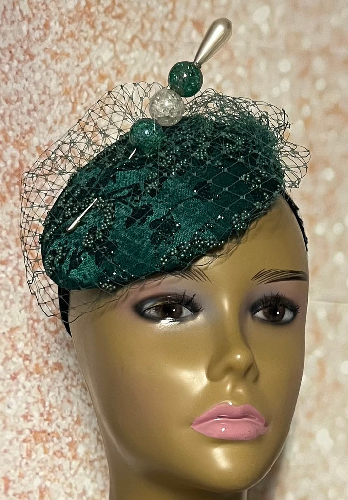 Green Sequin Button Pillbox Fascinator Half Hat, Church Head Covering, Headwear, Tea Parties, Weddings and other Special Occasions
