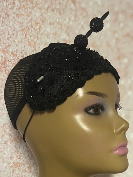 Black Flower Bead Lace Fascinator Headband Half Hat for church, weddings and other special occasions