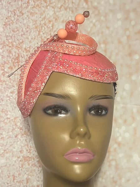 Salmon Pink and Peach Crystal Beaded Double Cup Fascinator Half Hat for Church Weddings and Special Occasions