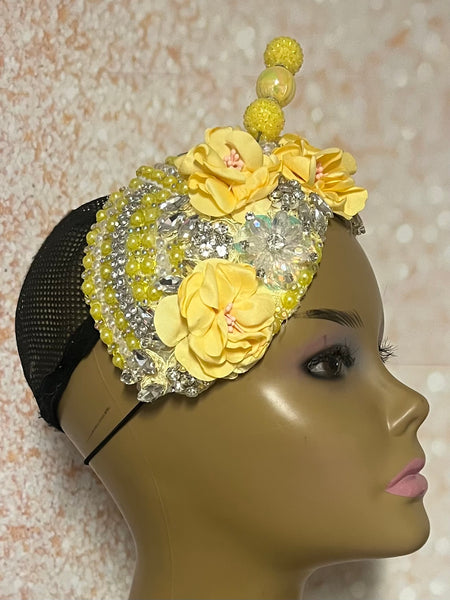 Yellow Rhinestone Beaded Flower Double Cup Fascinator, Double Teardrop Church Special Occasion Half Hat