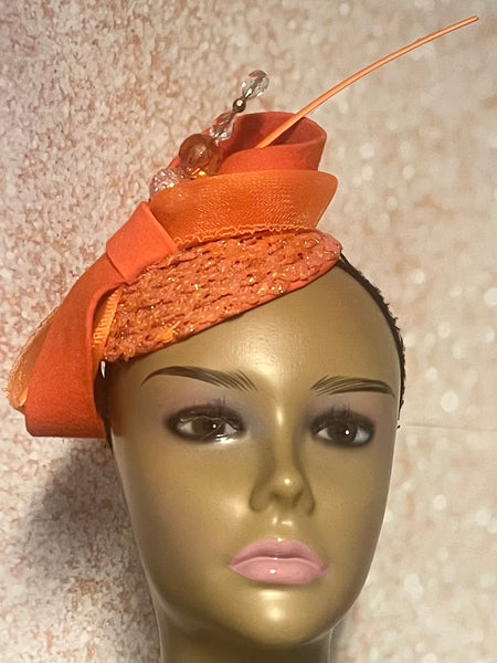 Orange Felt Small Half Hat Fascinator for Church Head Covering, Wedding, Tea Party, Mother of the Bride, and Other Special Occasions