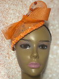 Orange Sinamay Teardrop Half Hat Fascinator for Church Head Covering, Wedding, Tea Party, Mother of the Bride, and Other Special Occasions