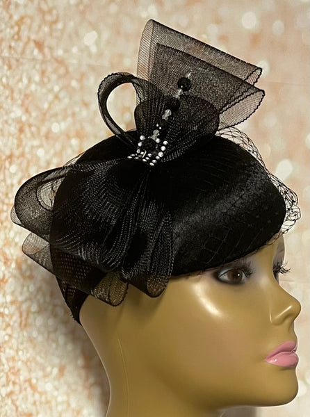 Black Satin Fascinator Half Hat for Church Head Covering, Tea Party, Wedding and Other Special Occasions