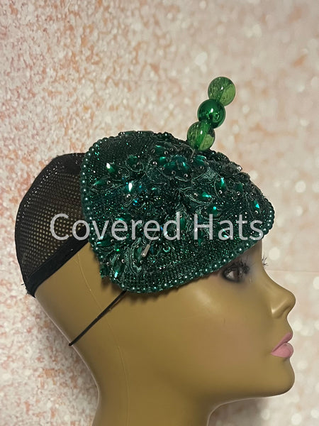 Green Rhinestone Bling Fascinator | Teardrop Half Hat for Church