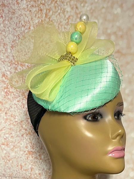 Mint Green and Yellow Button Pillbox Fascinator Half Hat, Church Head Covering, Headwear, Tea Parties, Weddings and other Special Occasions