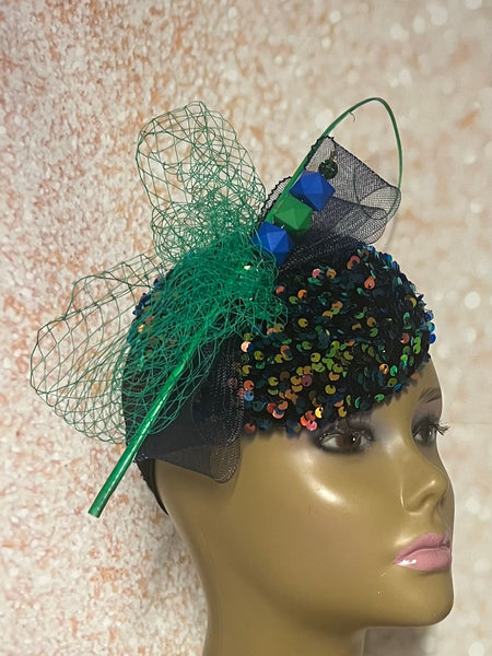 Green and navy sequins and Rhinestones hat for Church, Wedding, Mother of the Bride, Head Covering, Tea Parties and other special occasions