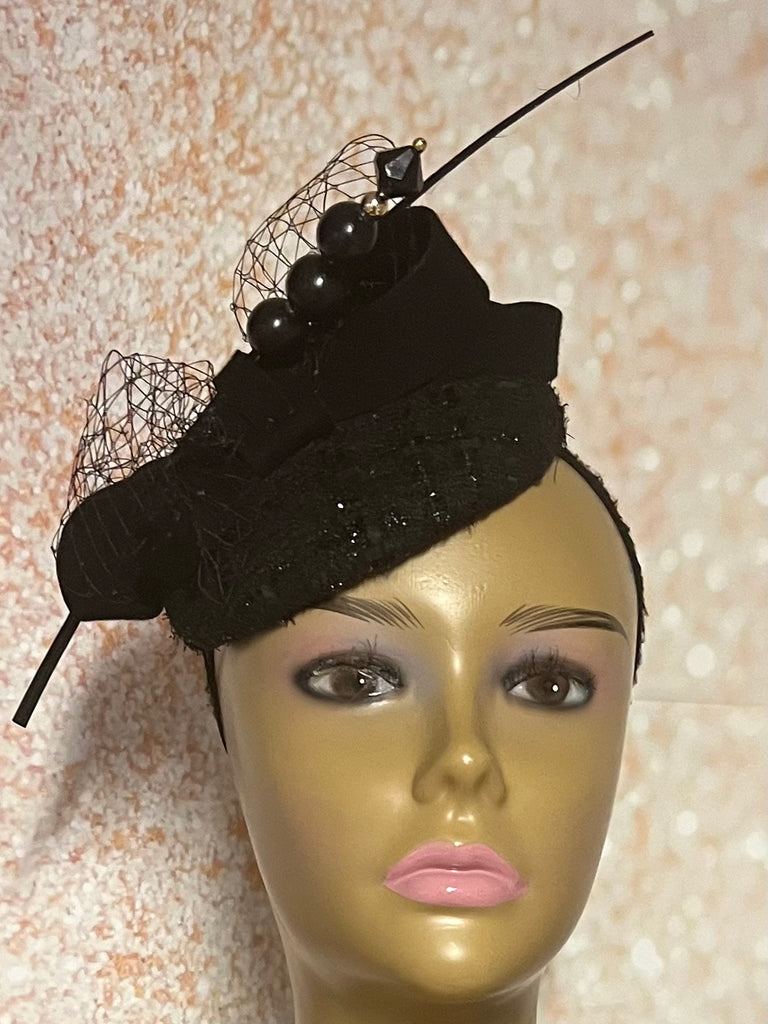 Black Tweed and Felt Fascinator Half Hat for Church Head Covering, Tea Party, Wedding and Other Special Occasions