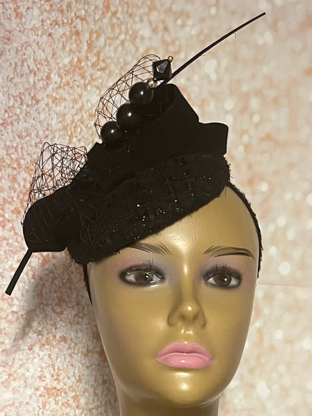 Black Sequin Half Hat for Church Head Covering, Mother of the Bride, Tea Party and other Special Occasions