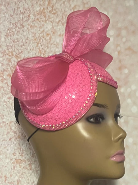 Pink Sequin Beaded Double Cup Fascinator Half Hat for Church Weddings and Special Occasions