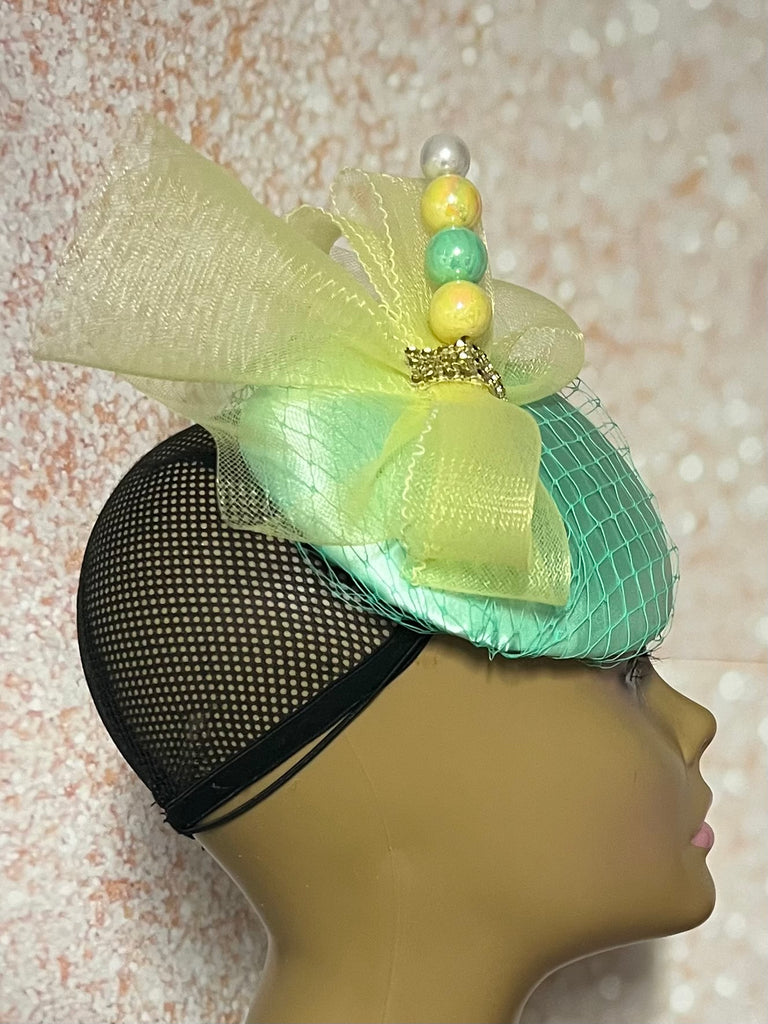 Mint Green and Yellow Button Pillbox Fascinator Half Hat, Church Head Covering, Headwear, Tea Parties, Weddings and other Special Occasions