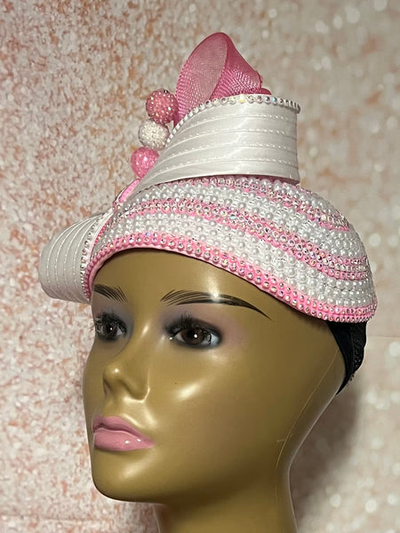 Beautiful Pink and White Beaded Full Hat for Church, Wedding, Mother of the Bride, Head Covering, Tea Parties and other special occasions