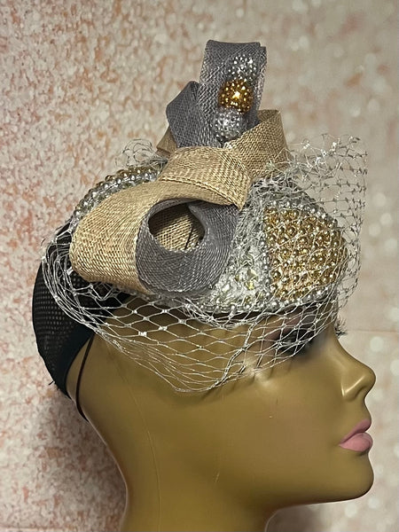 Gold and Silver Beaded Button Circle Fascinator Half Hat for Church, Tea Parties, Weddings and other special occasions