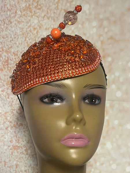 Orange Rhinestones Crystal Bling Fascinator Half Hat for Church, Tea Parties, Weddings and other special occasions
