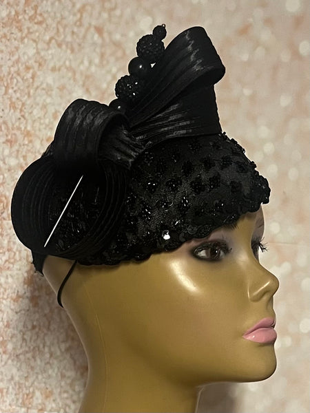 Black Beaded Teardrop Fascinator Half Hat for church, weddings, tea parties and other occasions