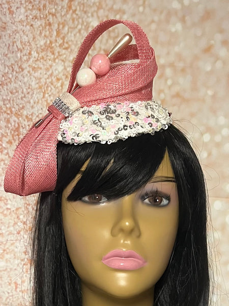 Pink Sinamay Fascinator, Light Pink Half Hat for Church head covering, Tea Party, Wedding, and other Special Occasions
