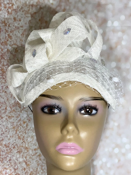 White Flower Half Hat Fascinator for weddings, church and special occasions