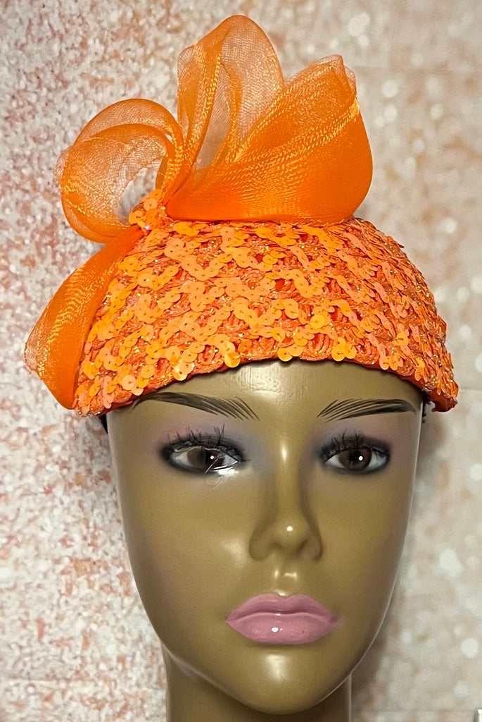 Orange Sequin Half Hat Fascinator for Church Head Covering, Wedding, Tea Party, Mother of the Bride, and Other Special Occasions