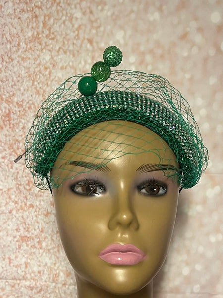 Green Rhinestone Bling Headband-Shaped Fascinator Half Hat for Church, Tea Parties, Weddings and other special occasions