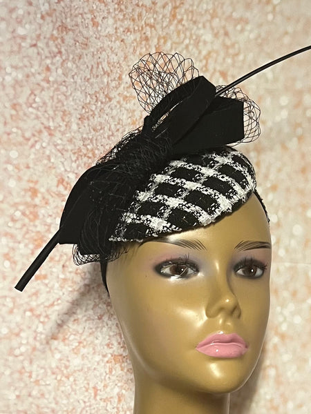 Black and White Houndstooth Tweed Fascinator Half Hat for Church Head Covering, Tea Party, Wedding and Other Special Occasions