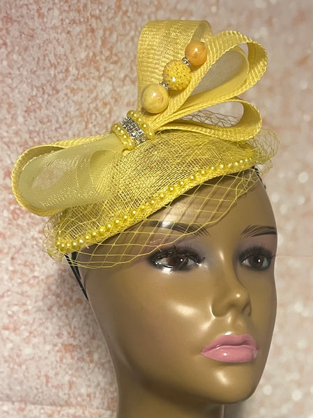 Yellow Sinamay Teardrop Fascinator: Church, Tea Party Headwear