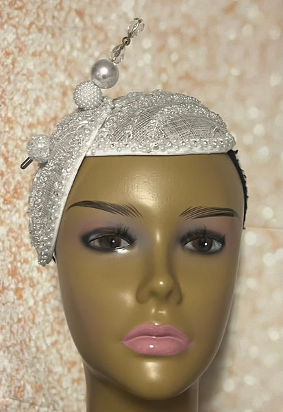 White Sinamay Bling Half Hat Fascinator for weddings, church, tea parties and special occasions