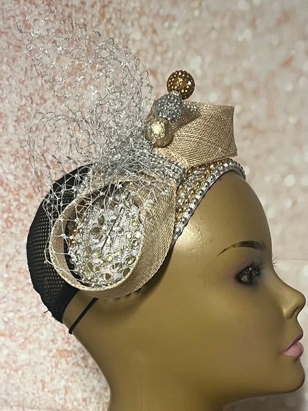 Gold and Silver Beaded Headband-Shaped Fascinator Half Hat for Church, Tea Parties, Weddings and other special occasions
