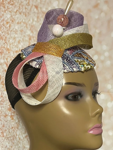 Lavender, Bronze Peach Yellow Pastel Multicolor Small Sinamay Fascinator Hat, Church Head Covering, Tea Party, Wedding and other special occasions