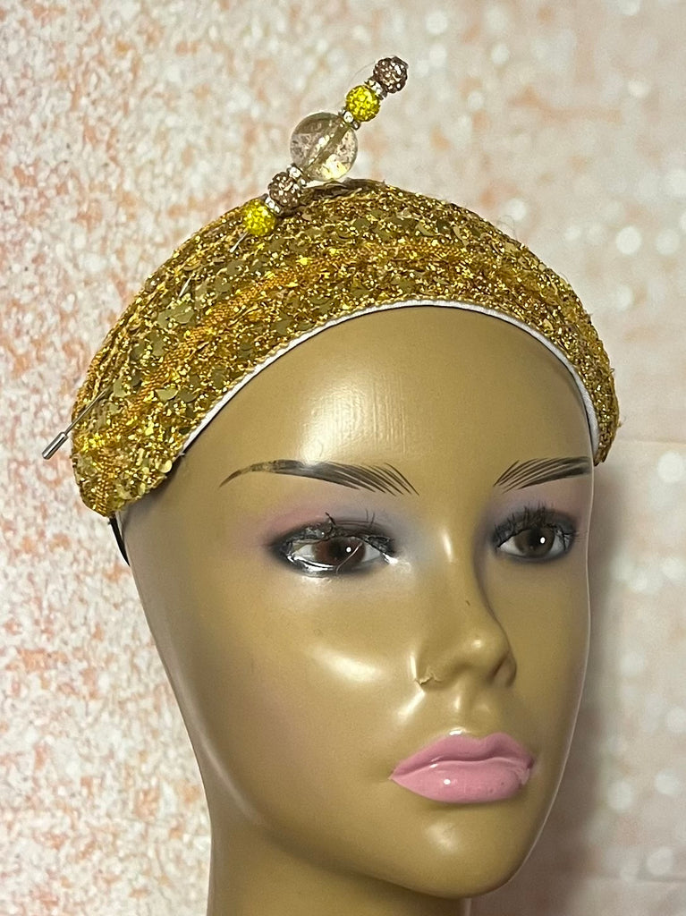 Yellow Gold Sequin Beaded Headband-Shaped Fascinator Half Hat for Church, Tea Parties, Weddings and other special occasions