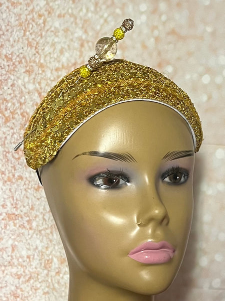Yellow Gold Sequin Beaded Headband-Shaped Fascinator Half Hat for Church, Tea Parties, Weddings and other special occasions