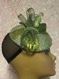 Green Rhinestone Button Pillbox Fascinator Half Hat, Church Head Covering, Headwear, Tea Parties, Weddings and other Special Occasions