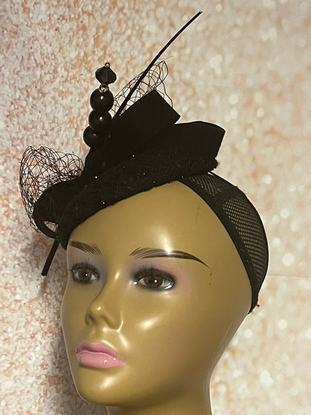 Black Tweed and Felt Fascinator Half Hat for Church Head Covering, Tea Party, Wedding and Other Special Occasions