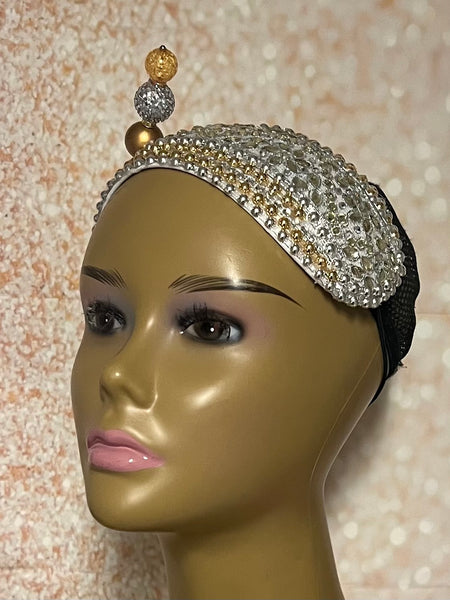 Gold and Silver Beaded Headband-Shaped Fascinator Half Hat for Church, Tea Parties, Weddings and other special occasions